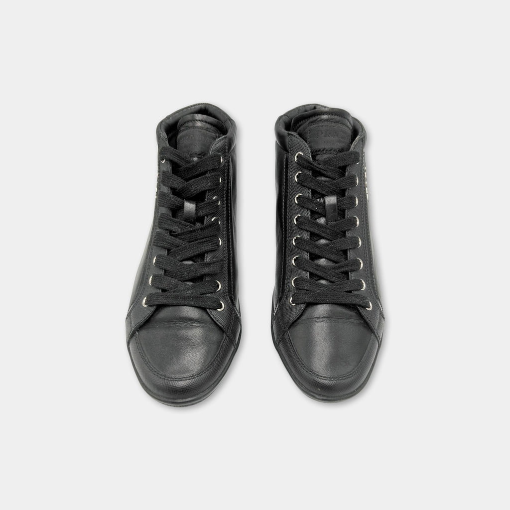 Prada 2000s Black Leather Mid-Height Sneakers