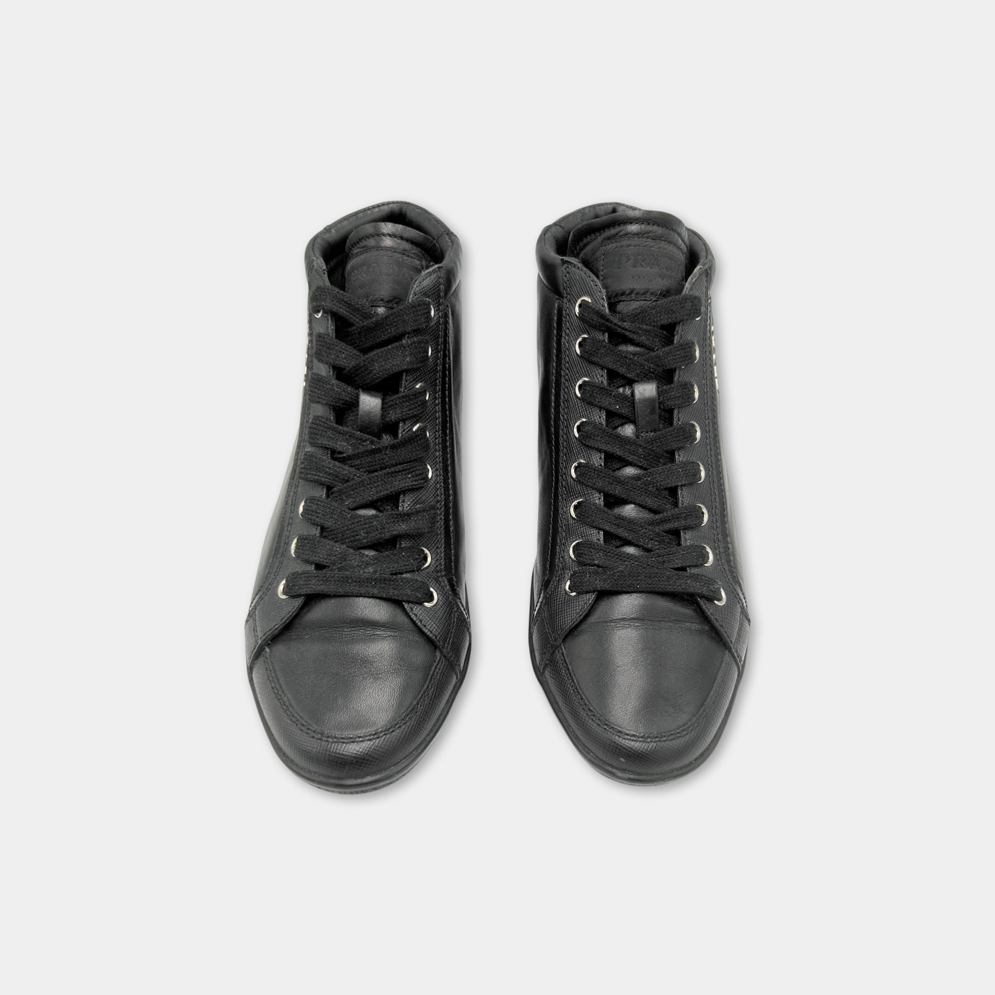 Prada 2000s Black Leather Mid-Height Sneakers