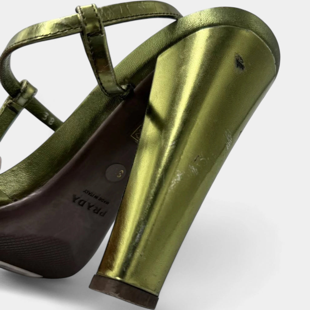 Prada Metallic Sage Green Strappy T-Strap Block Heel Sandals