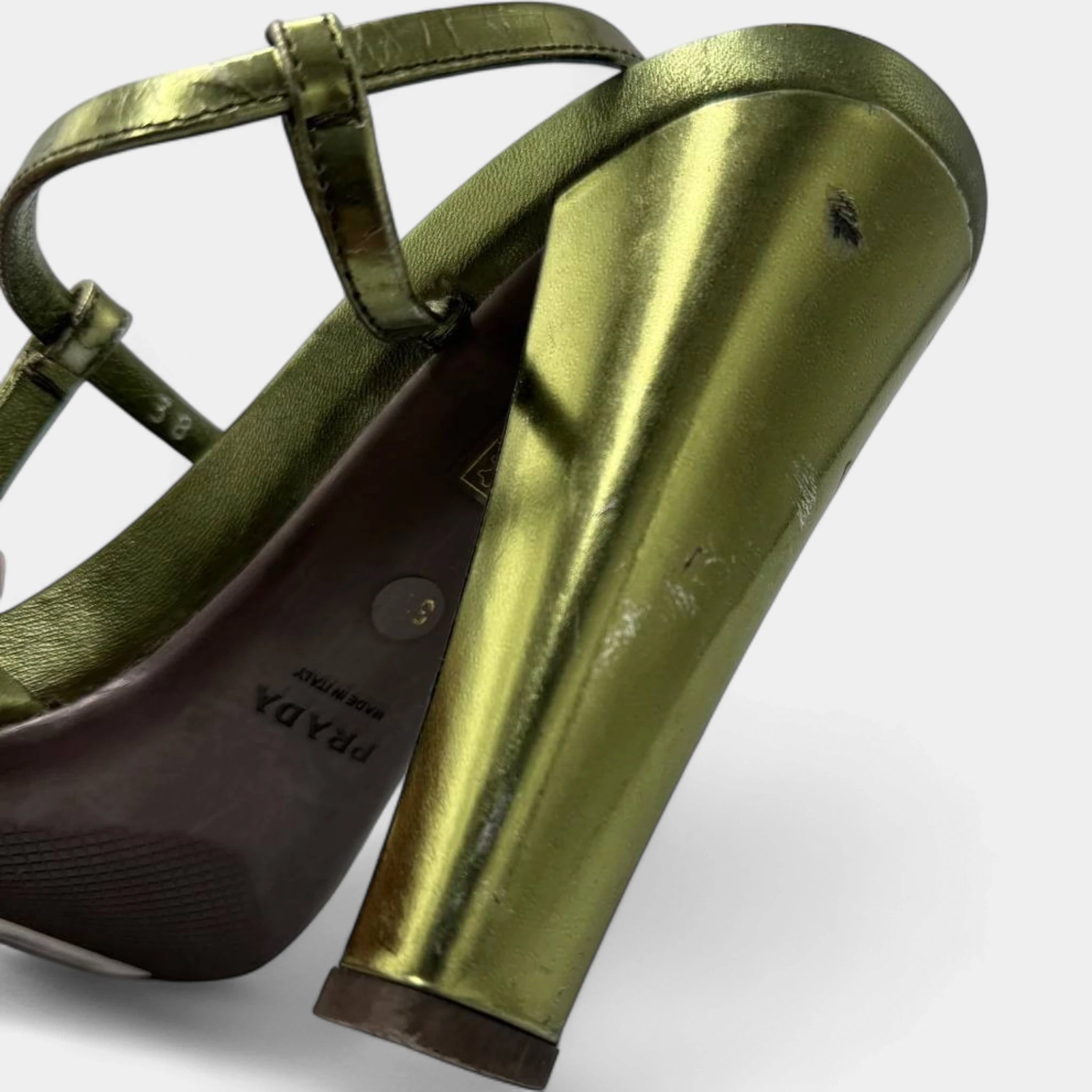 Prada Metallic Sage Green Strappy T-Strap Block Heel Sandals