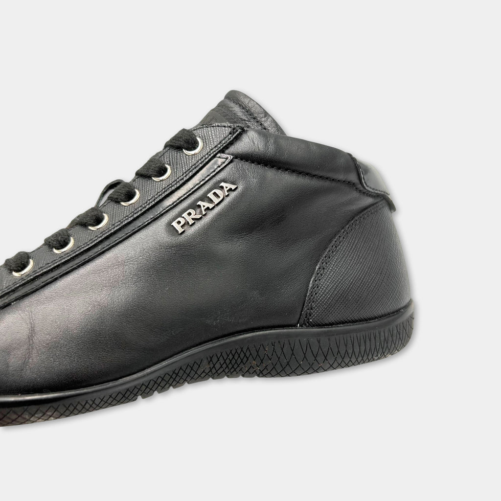 Prada 2000s Black Leather Mid-Height Sneakers