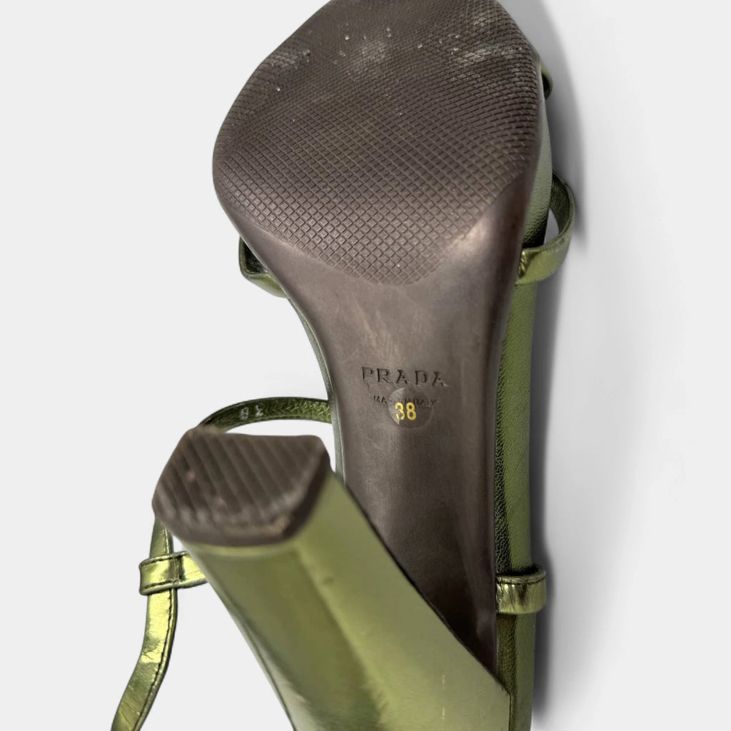 Prada Metallic Sage Green Strappy T-Strap Block Heel Sandals