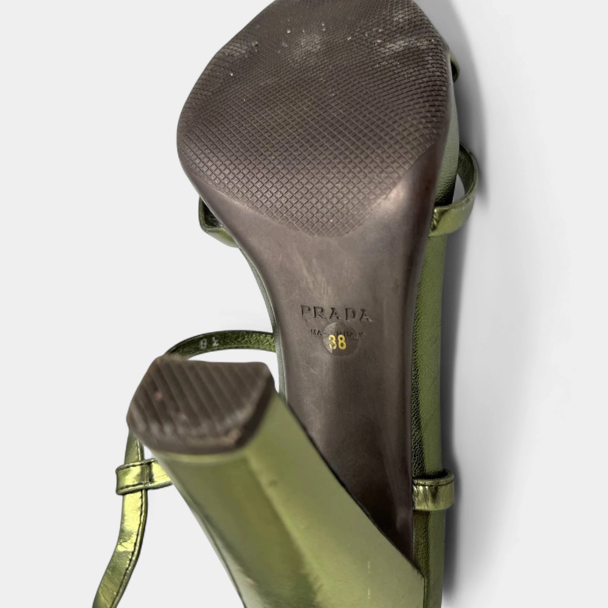 Prada Metallic Sage Green Strappy T-Strap Block Heel Sandals