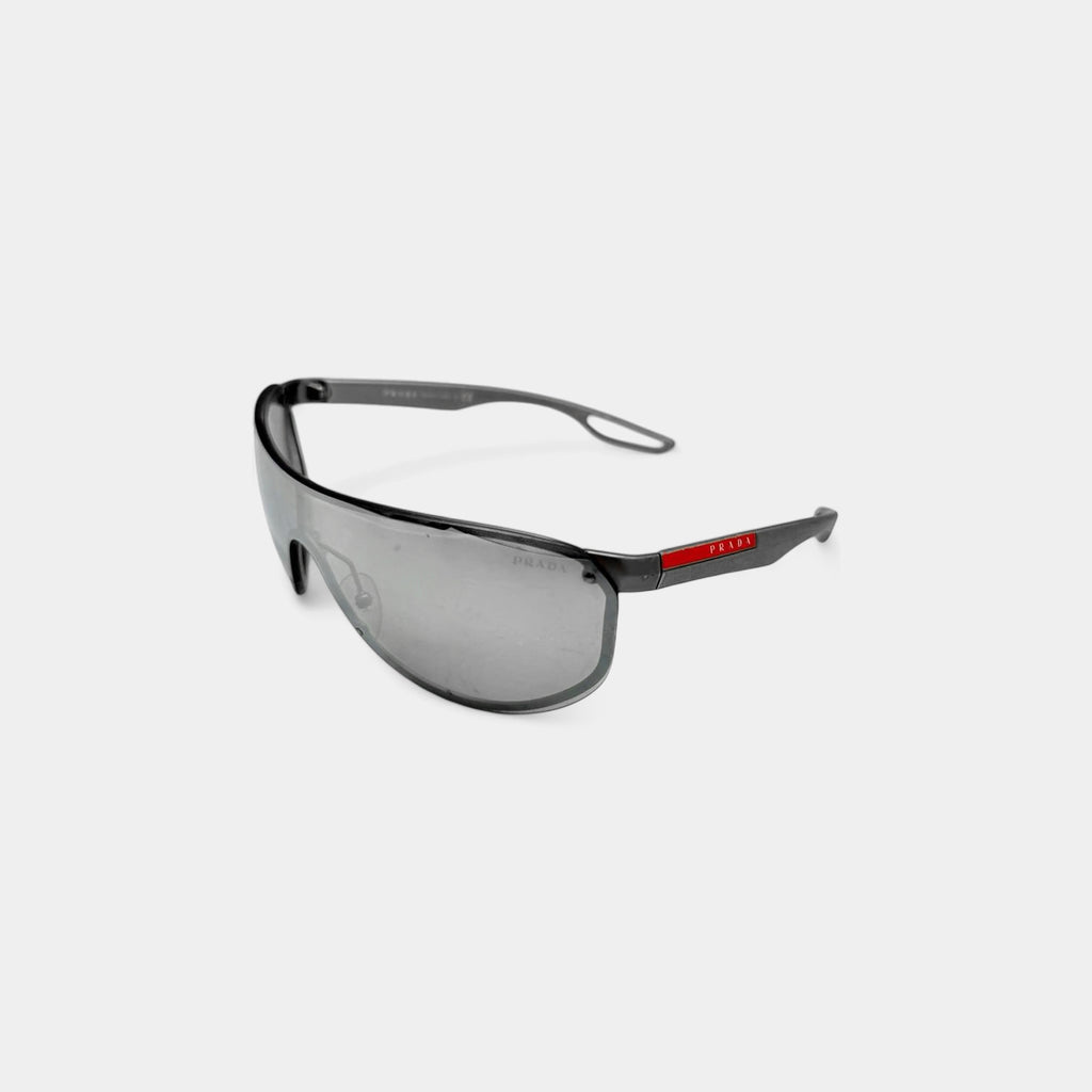 Prada Linea Rossa 2010s Metallic Grey Shield Sunglasses
