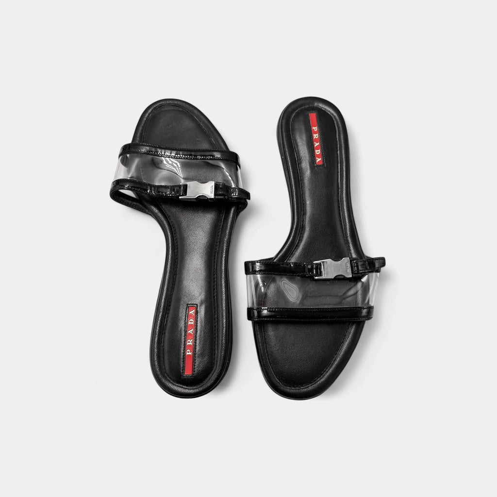 Prada Black Leather & Clear PVC Buckle Slide Sandals