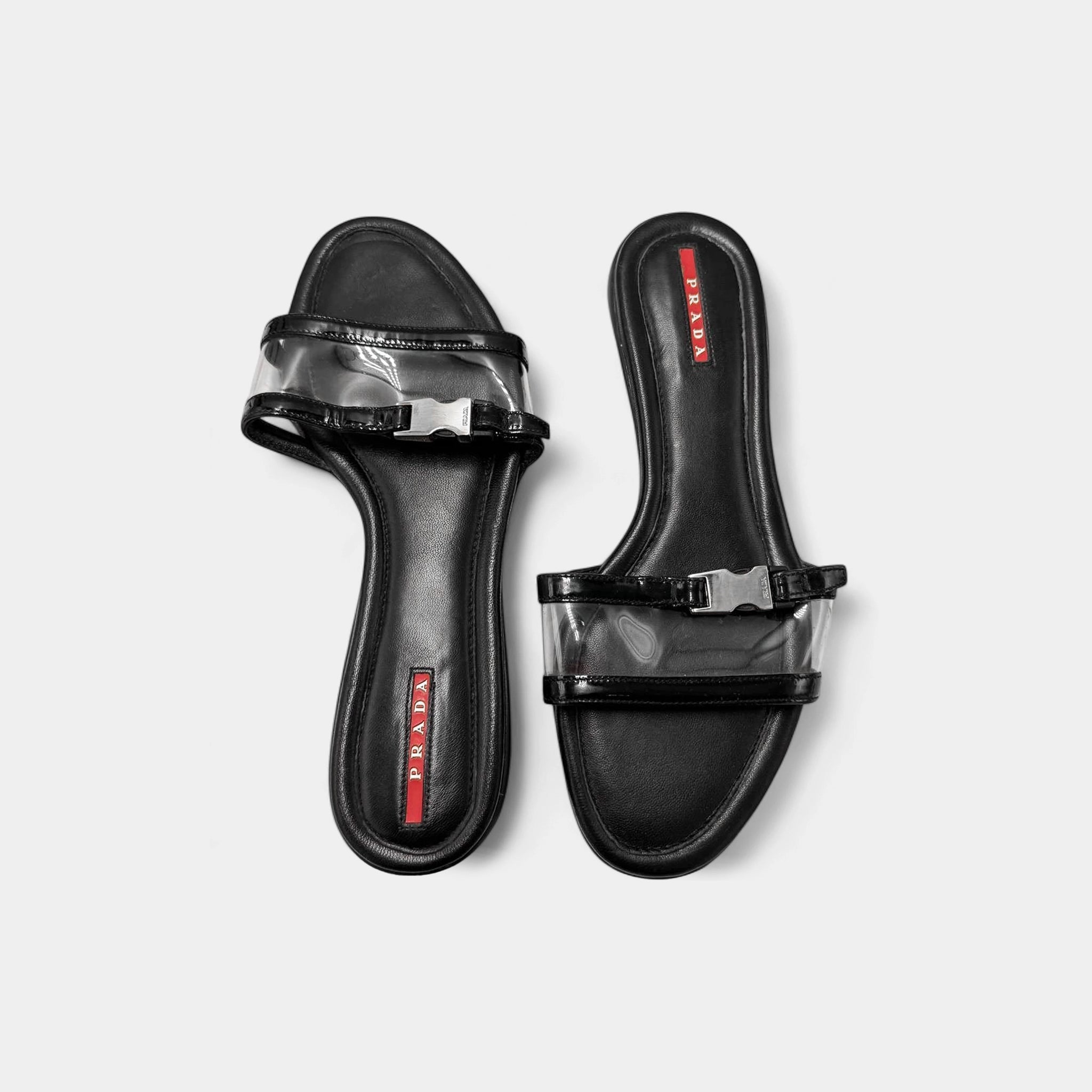 Prada Black Leather & Clear PVC Buckle Slide Sandals