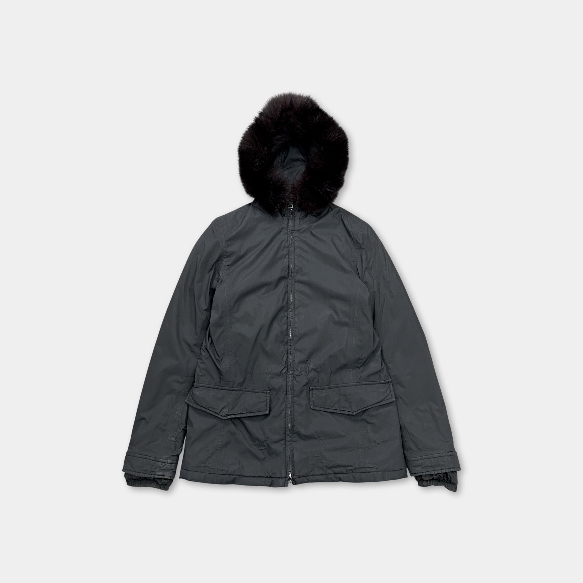 Prada Gore-Tex 2000s Dark Grey Nylon Fur Hood Coat
