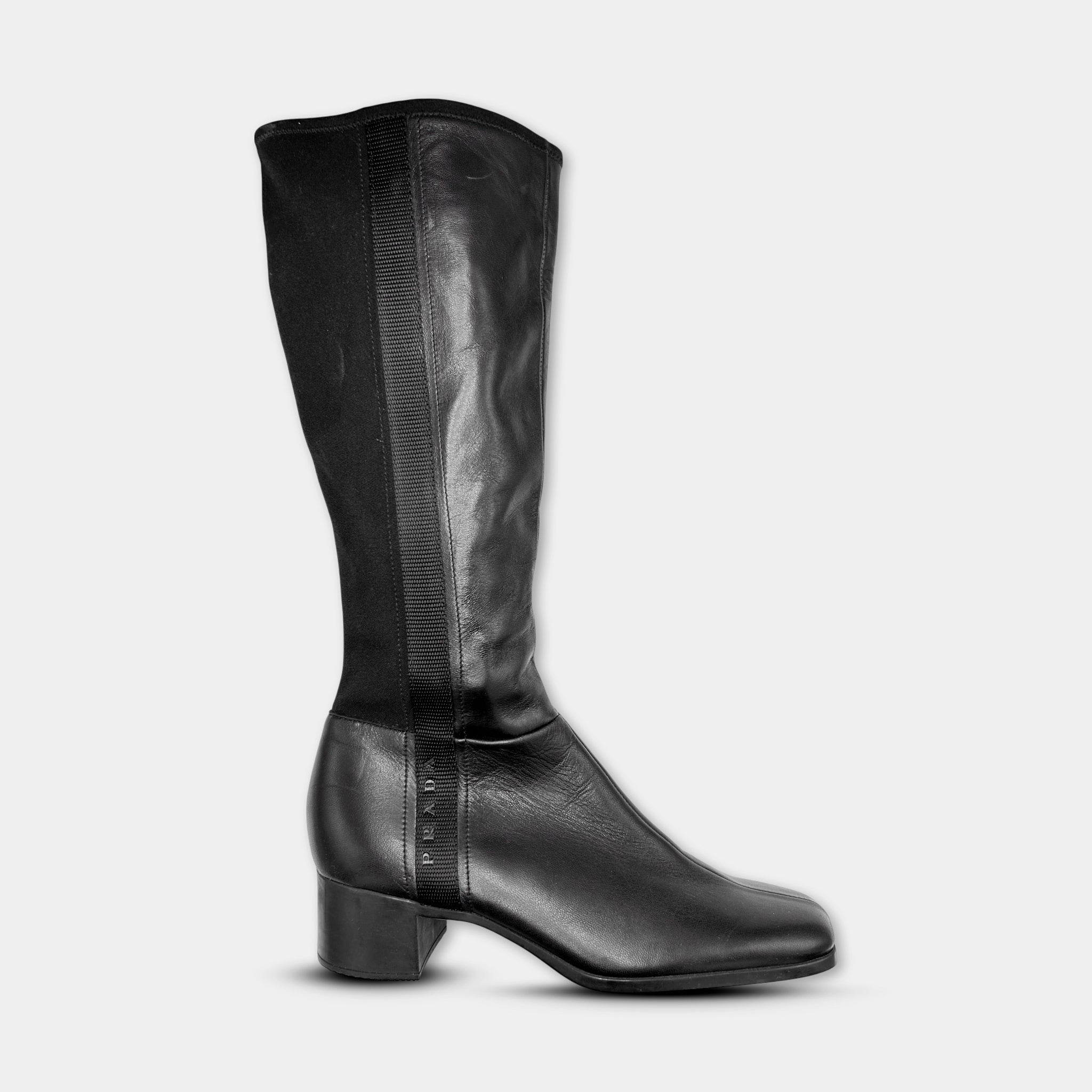 Prada Black Leather High Heeled Boots
