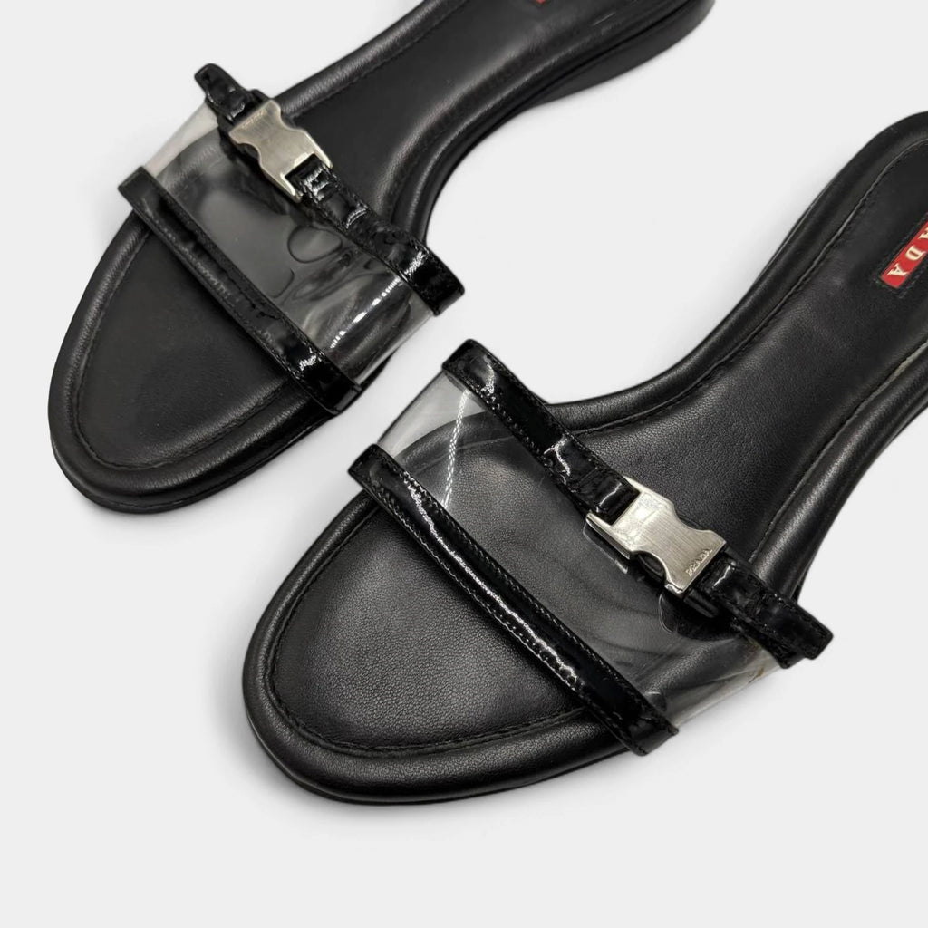 Prada Black Leather & Clear PVC Buckle Slide Sandals