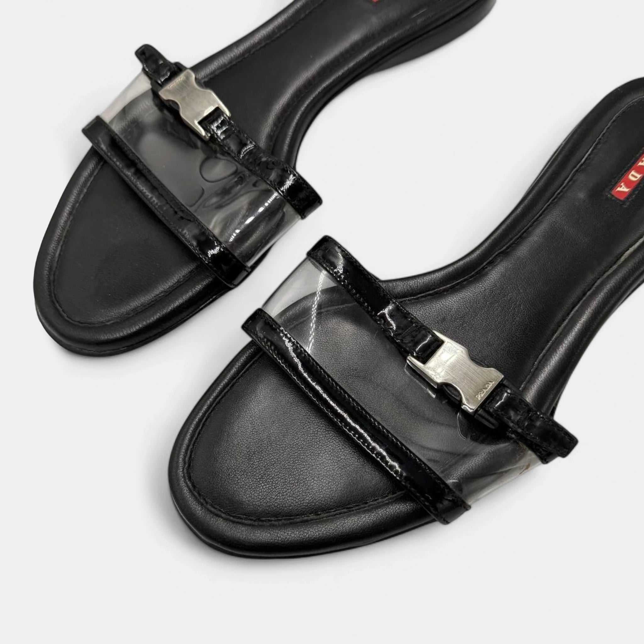 Prada Black Leather & Clear PVC Buckle Slide Sandals