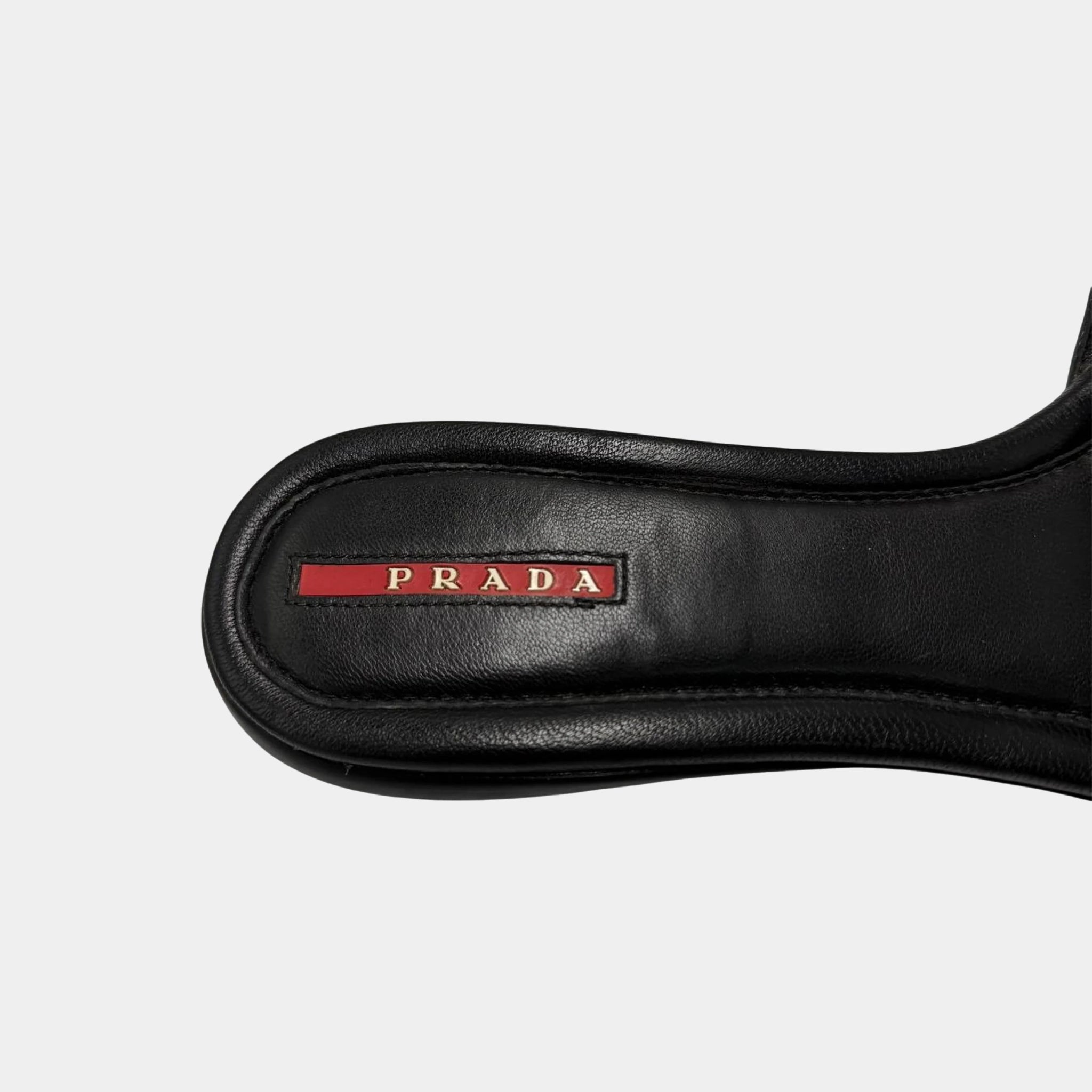 Prada Black Leather & Clear PVC Buckle Slide Sandals