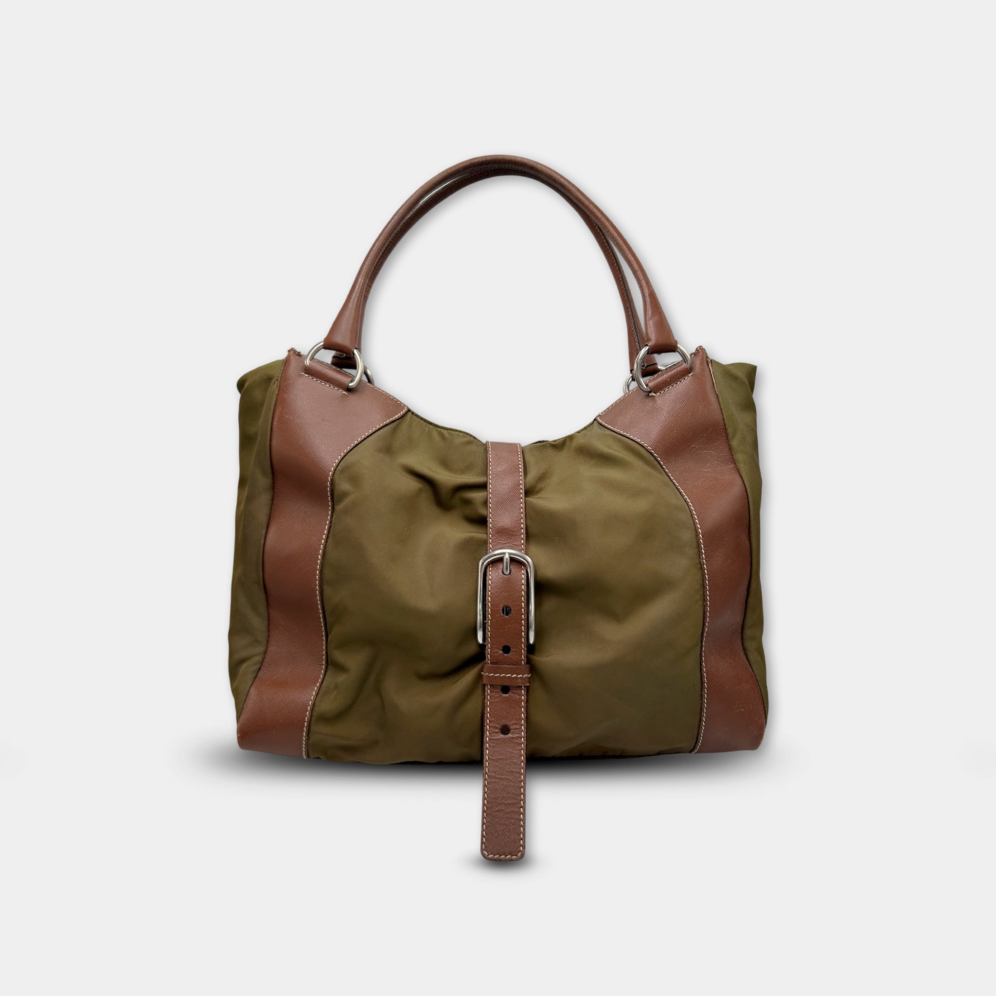 Prada Vintage Nylon Olive Green and Brown Leather Bag