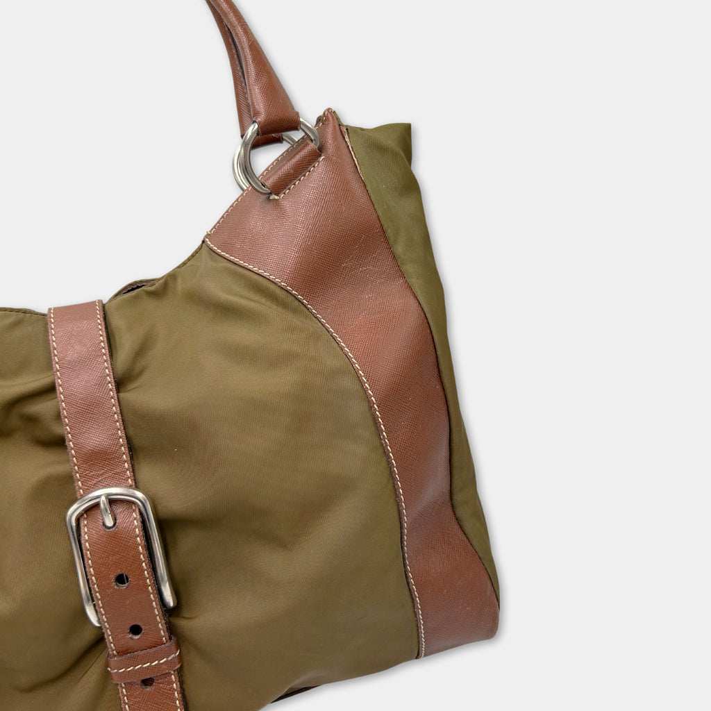 Prada Vintage Nylon Olive Green and Brown Leather Bag