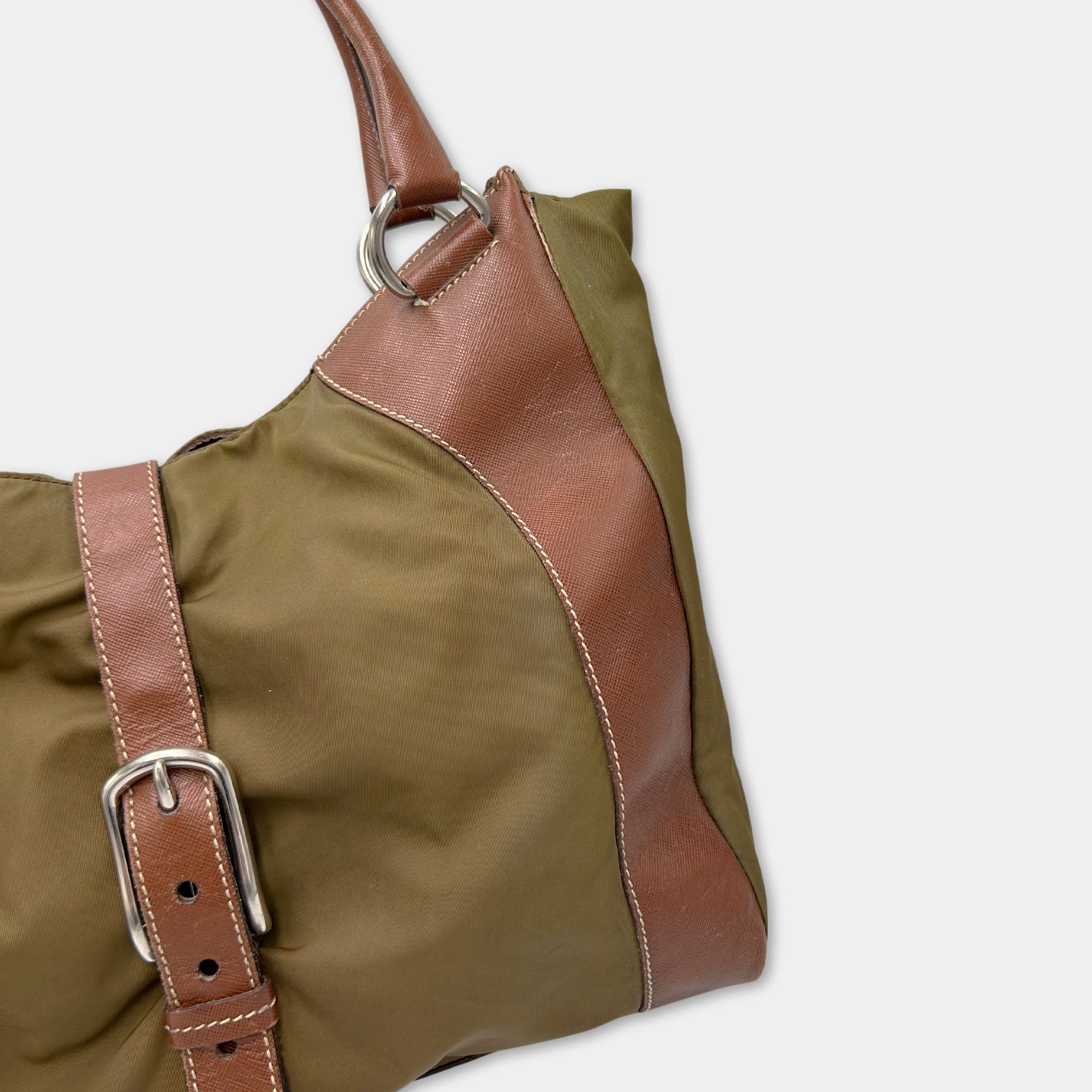 Prada Vintage Nylon Olive Green and Brown Leather Bag