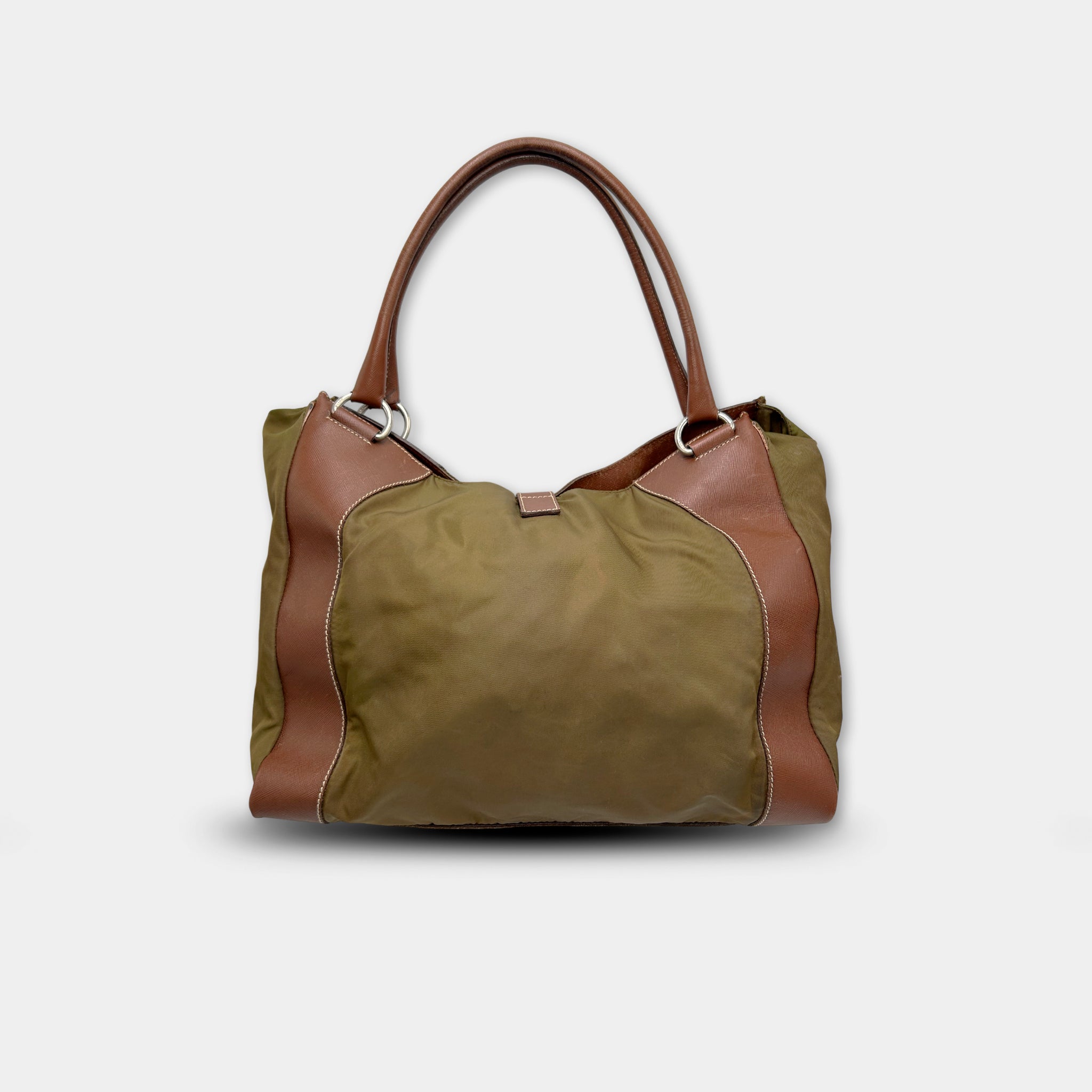 Prada Vintage Nylon Olive Green and Brown Leather Bag