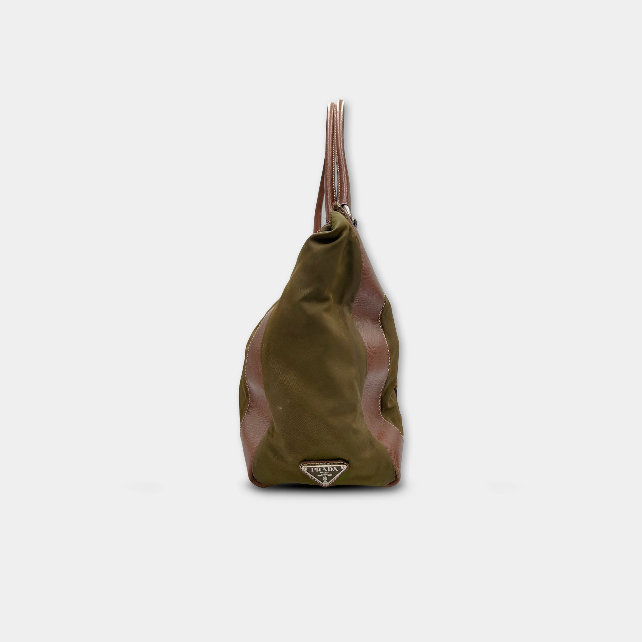 Prada Vintage Nylon Olive Green and Brown Leather Bag