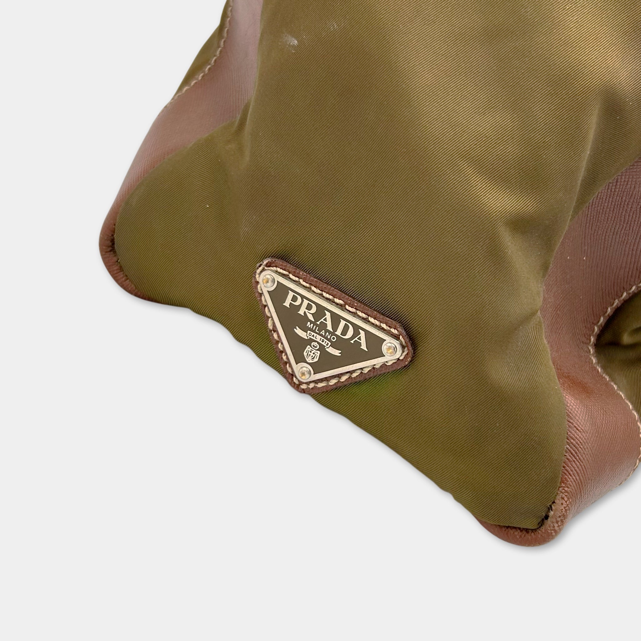 Prada Vintage Nylon Olive Green and Brown Leather Bag
