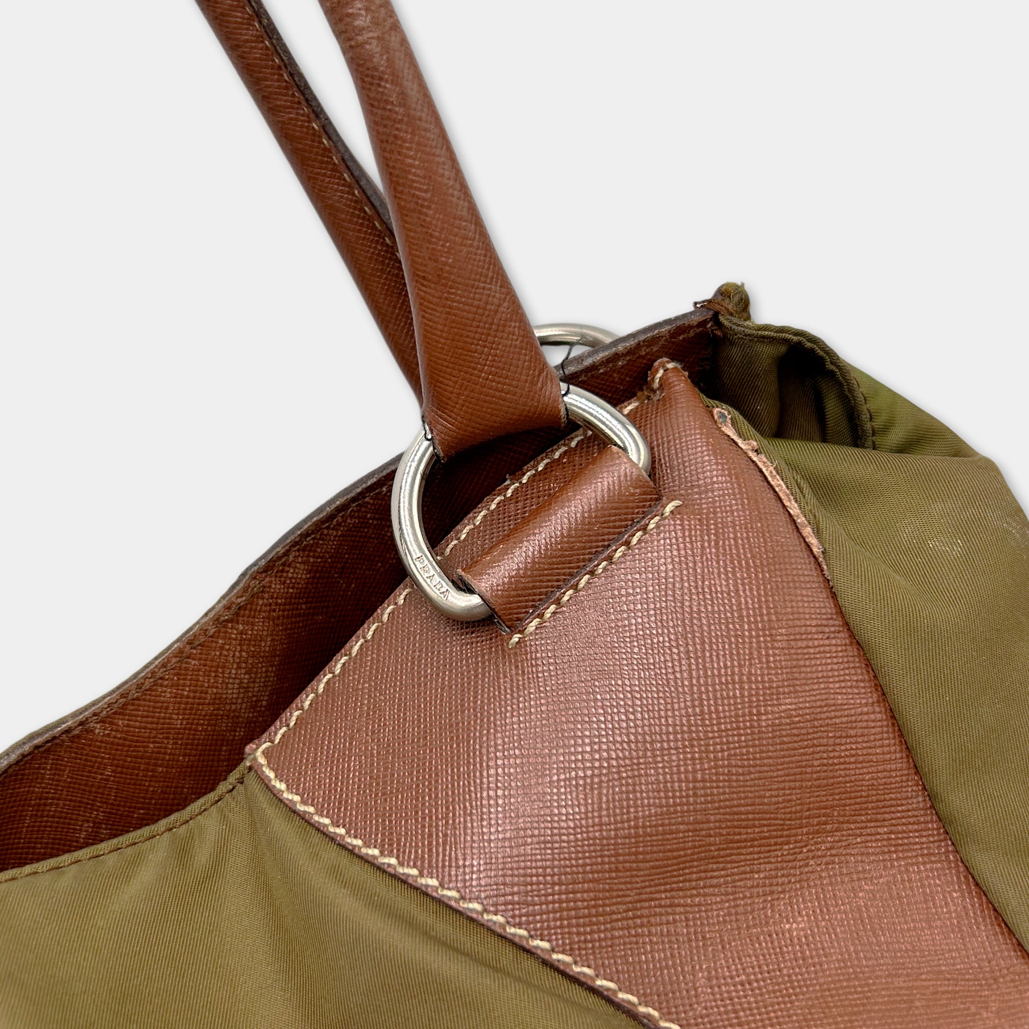Prada Vintage Nylon Olive Green and Brown Leather Bag