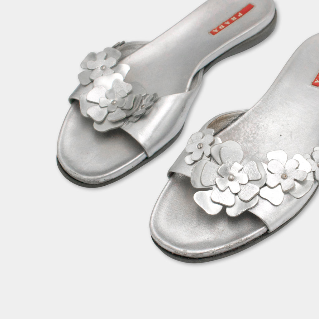 Prada Flower Silver Sandals