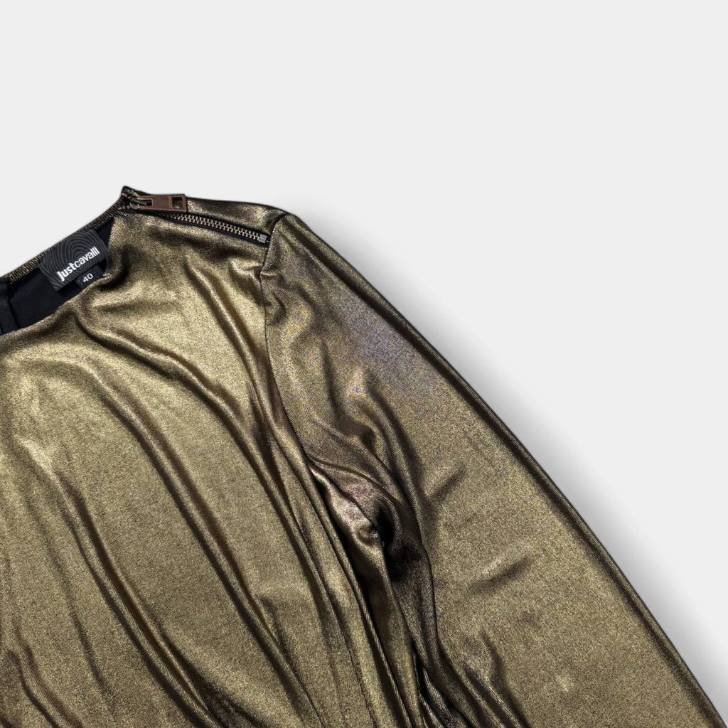 Just Cavalli Gold Metallic Drape Fitted Mini Dress