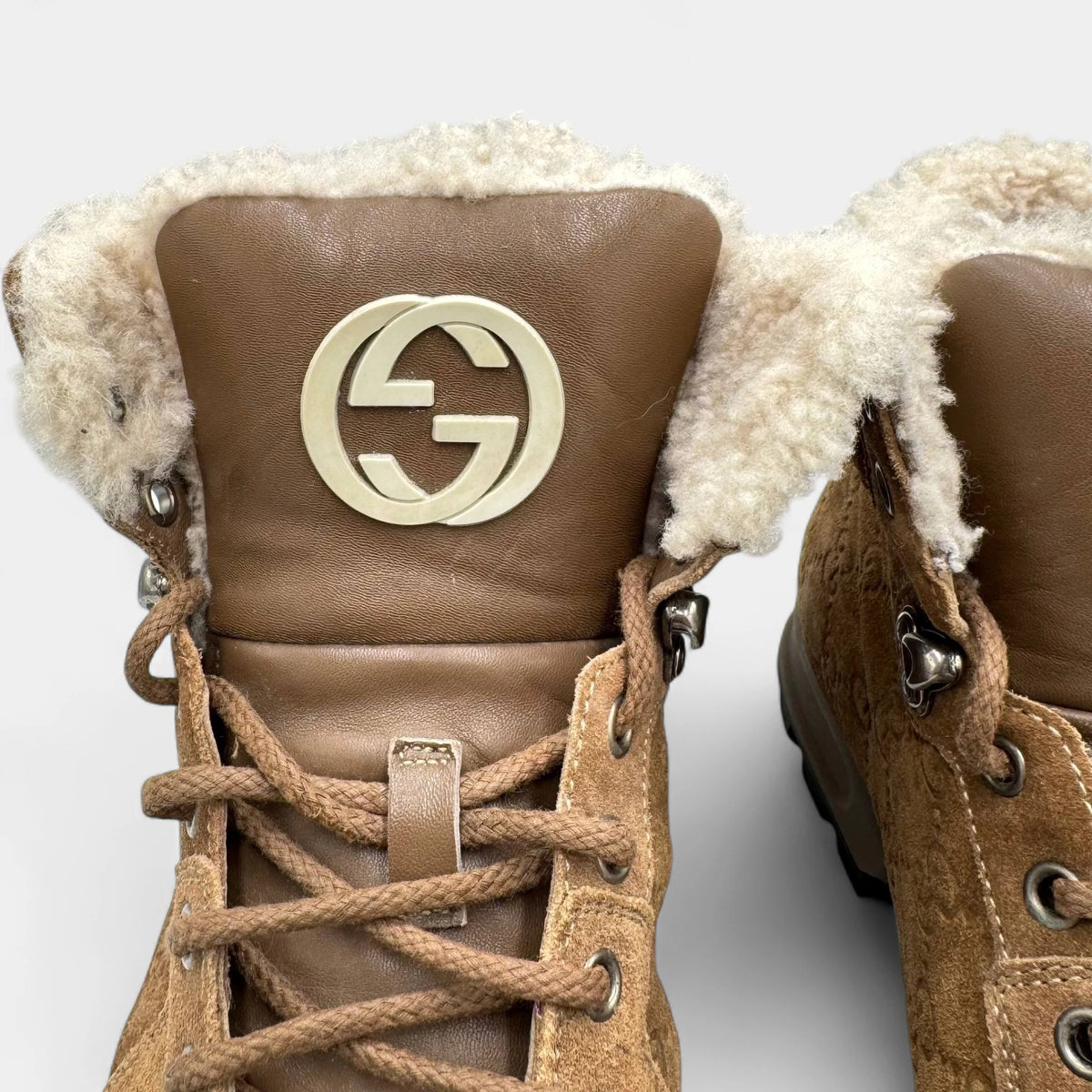Gucci GG Guccissima Suede Shearling Hiking Winter Boots