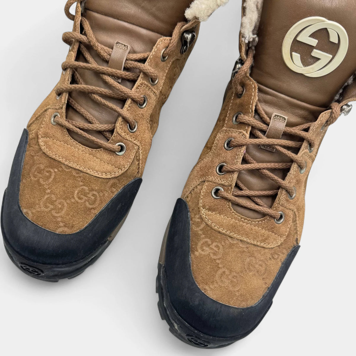 Gucci GG Guccissima Suede Shearling Hiking Winter Boots