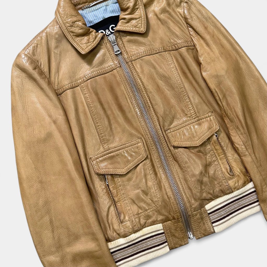 Dolce & Gabbana 2000's Tan Leather Bomber Jacket