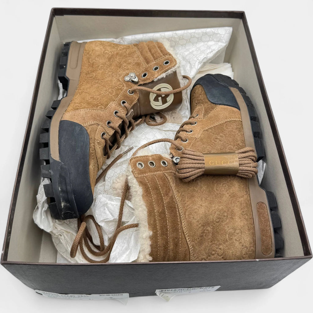 Gucci GG Guccissima Suede Shearling Hiking Winter Boots