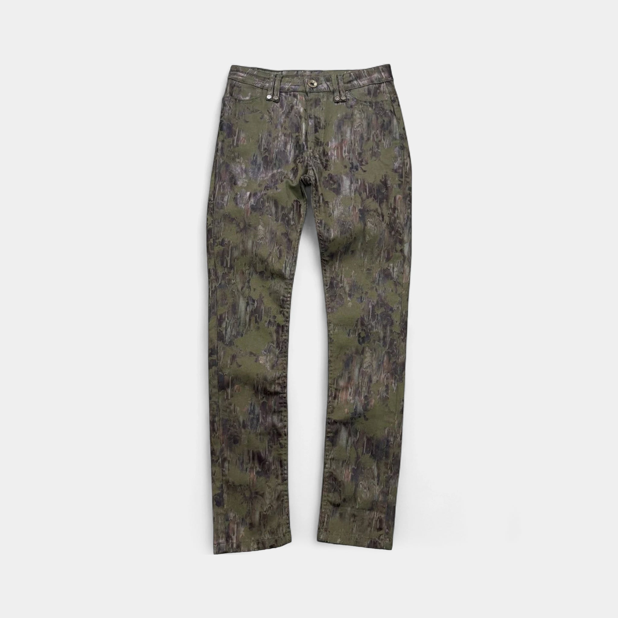 Plein Sud 2000's Olive Abstract Coated Straight-Leg Jeans