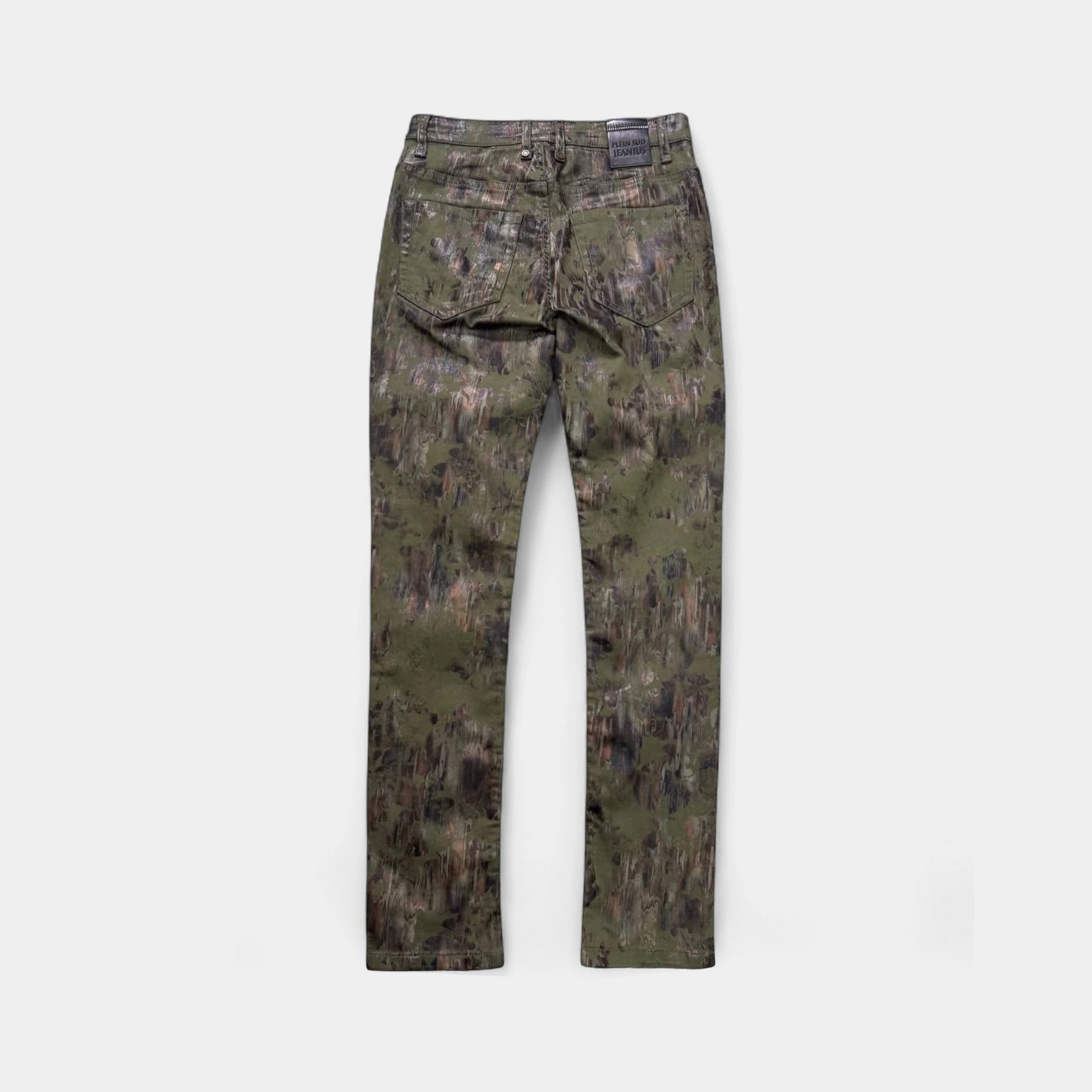 Plein Sud 2000's Olive Abstract Coated Straight-Leg Jeans