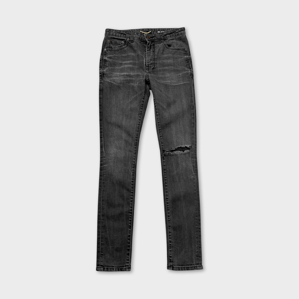 Saint Laurent Hedi Slimane Washed Black Knee-Rip D02 Skinny Jeans