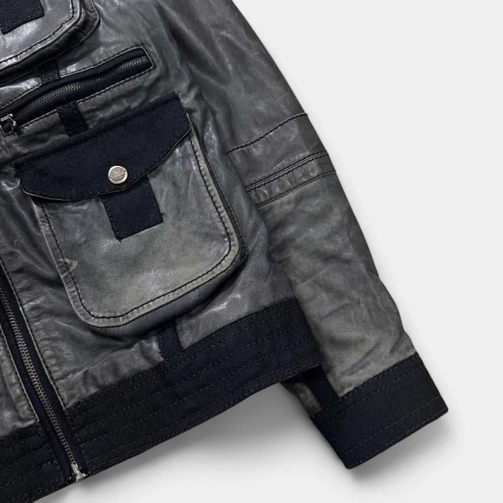 Cavalli 2000s Distressed Leather Multi-Pocket Cargo Jacket