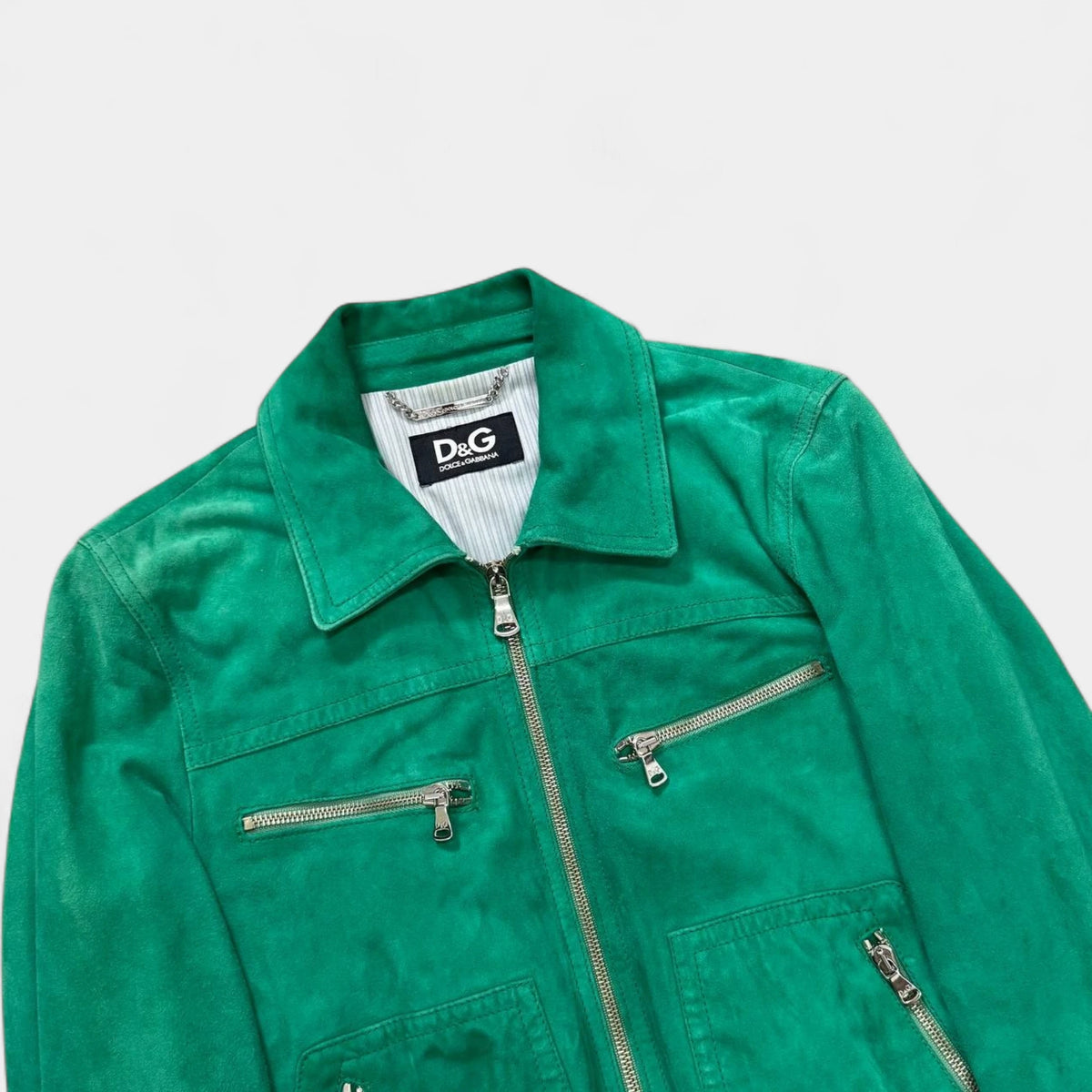D&G Dolce & Gabbana Late 1990s / Early 2000s Green Suede Multi-Zip Blouson Jacket