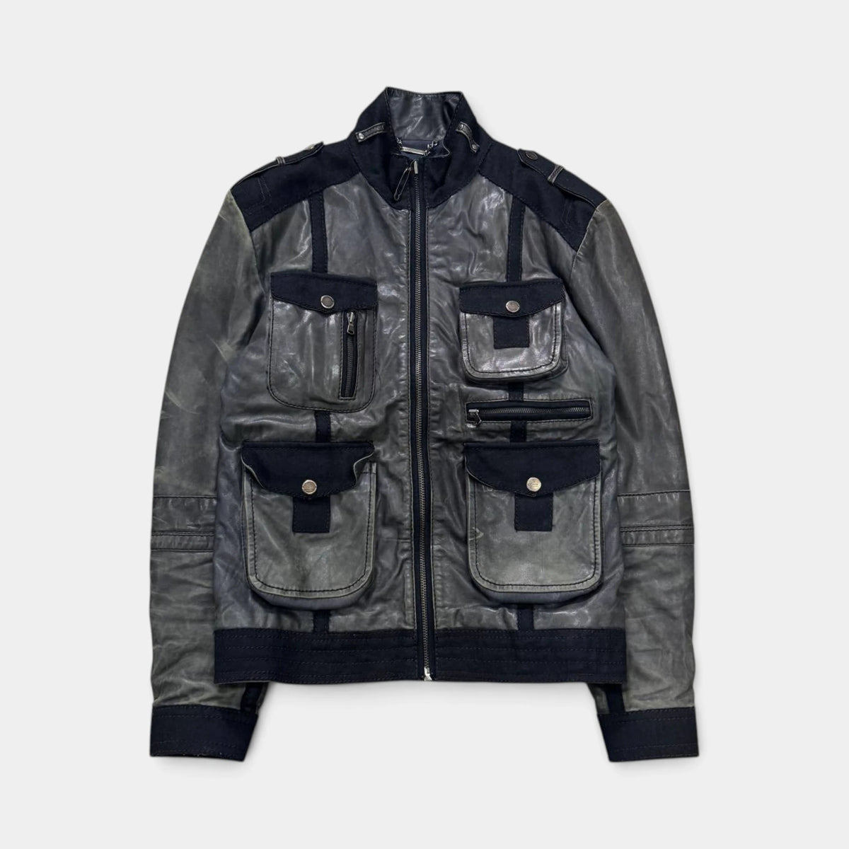 Cavalli 2000s Distressed Leather Multi-Pocket Cargo Jacket