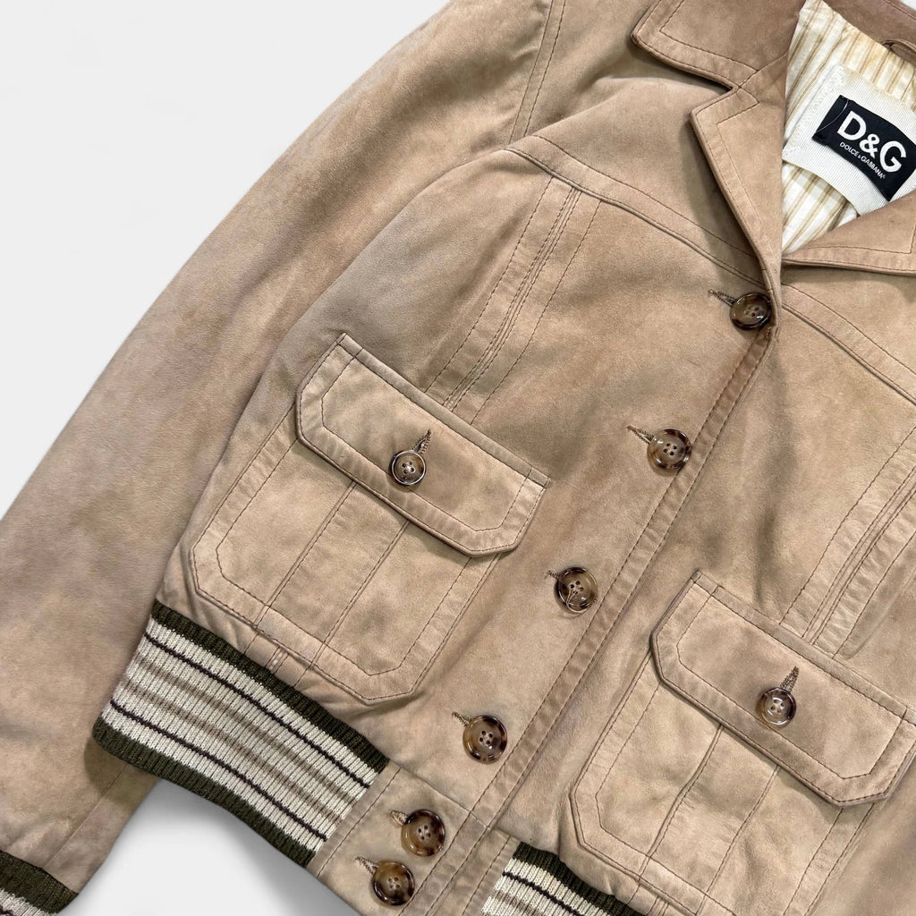 Dolce & Gabbana Beige Distressed Suede Cargo-Style Varsity Jacket - detail 1
