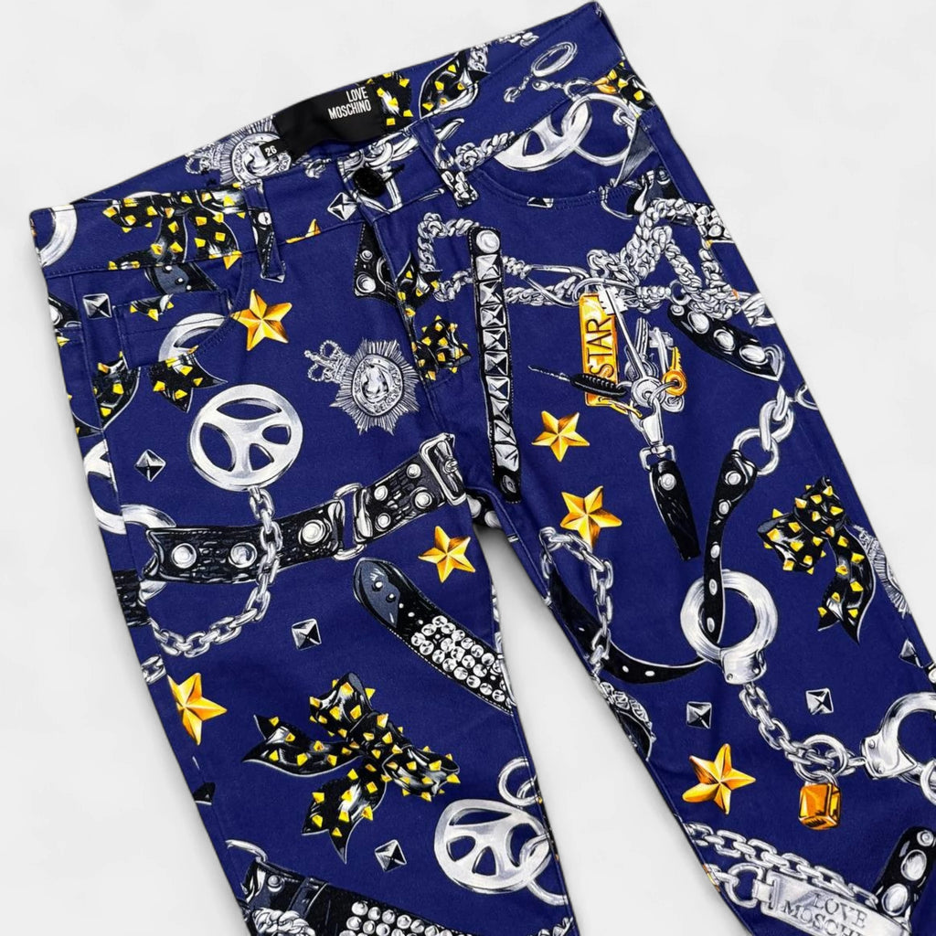 Love Moschino Chain & Handcuff Print Blue Slim Jeans