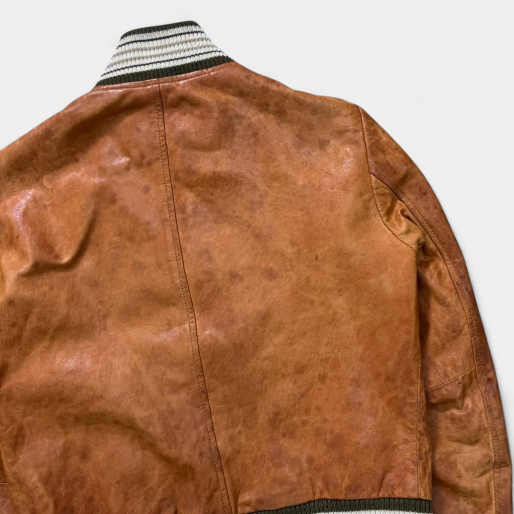 Dolce & Gabbana Early 2000s Distressed Brown Leather Multi-Pocket Bomber Jacket