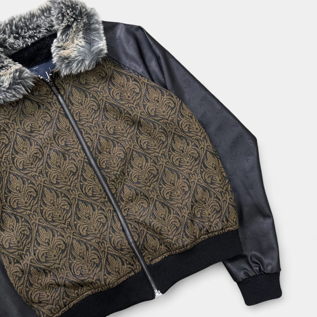 Armani Elegant Tapestry Fur Collar Vegan Leather Sleeve Jacket - detail 1