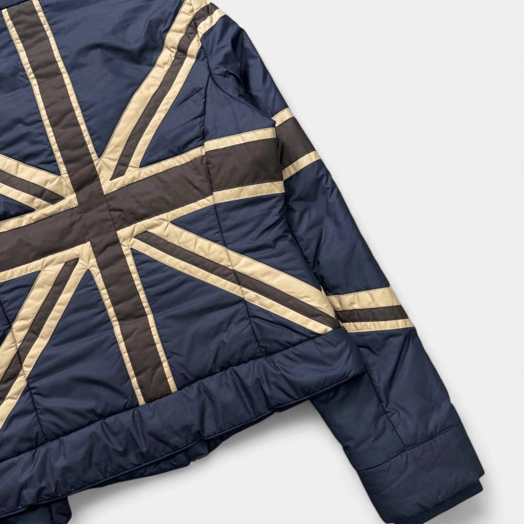 Moschino Late 1990s Union Jack Blue and Brown Light Puffer Jacket
