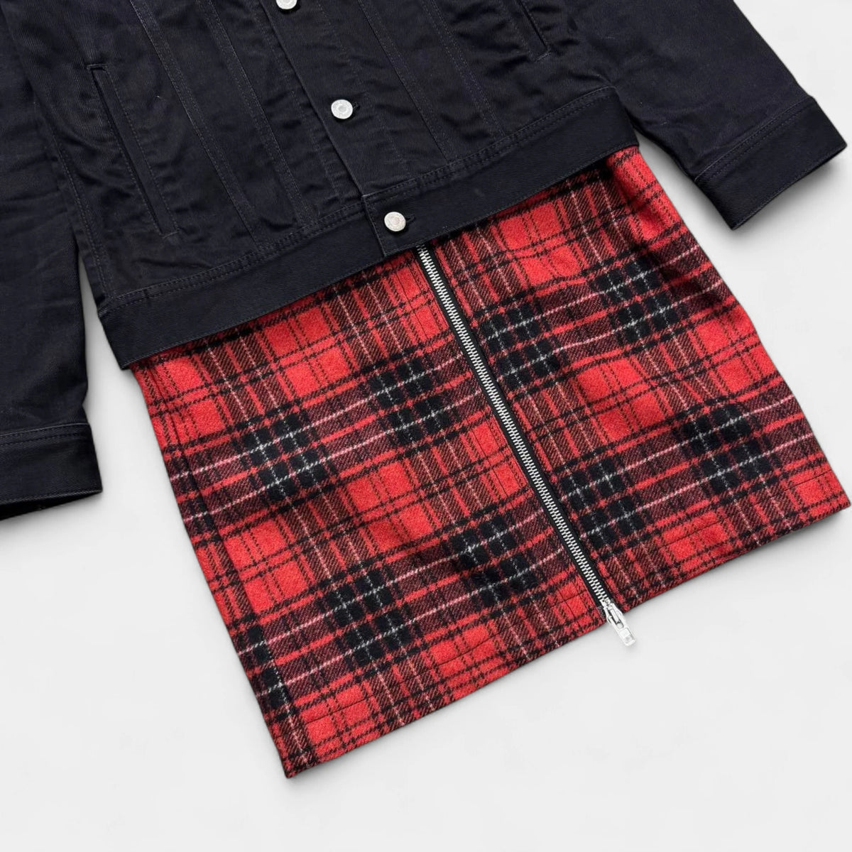 Givenchy FW15 Layered Black Denim and Red Tartan Hooded Coat