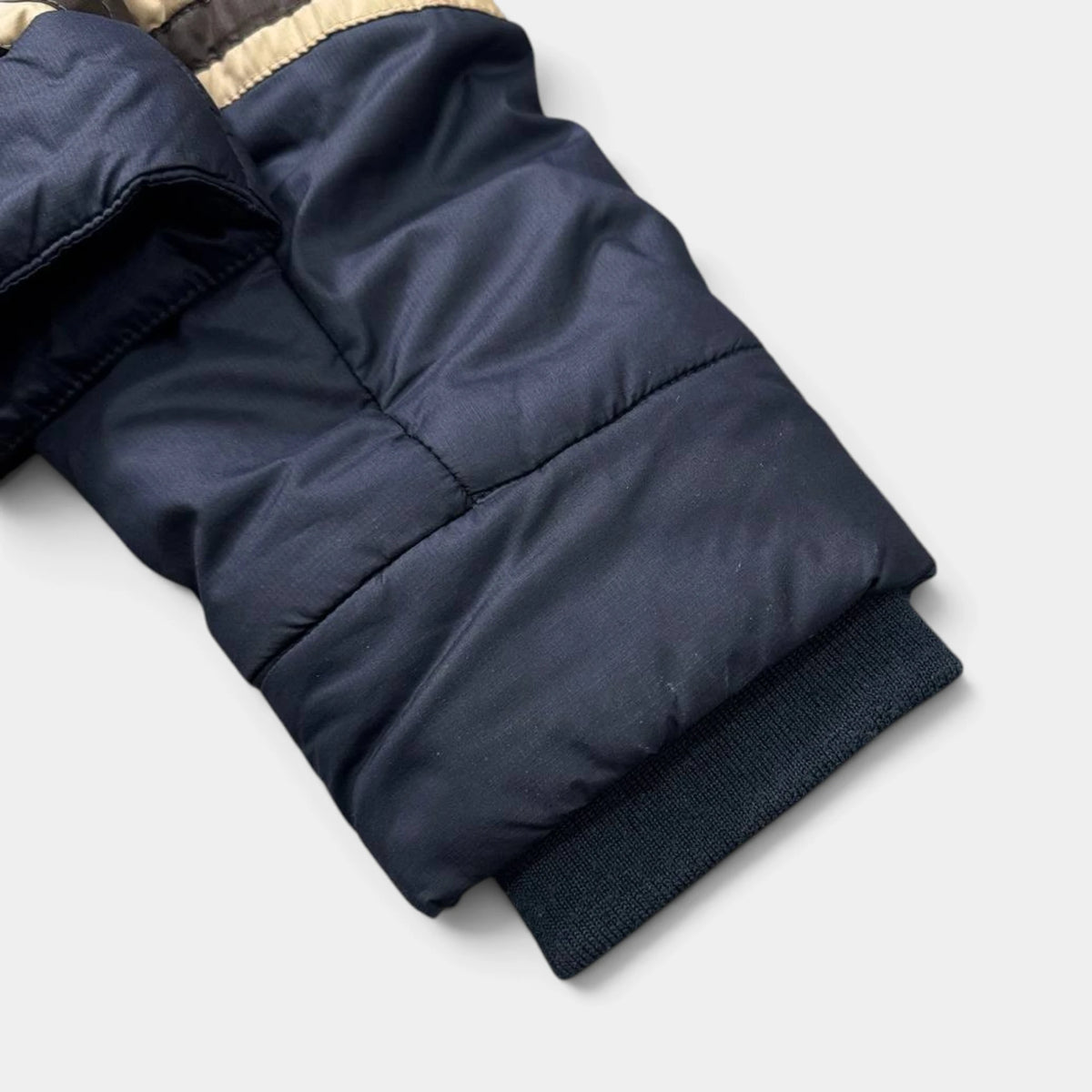 Moschino Late 1990s Union Jack Blue and Brown Light Puffer Jacket