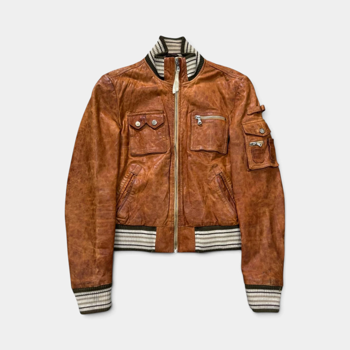 Dolce & Gabbana Early 2000s Distressed Brown Leather Multi-Pocket Bomber Jacket
