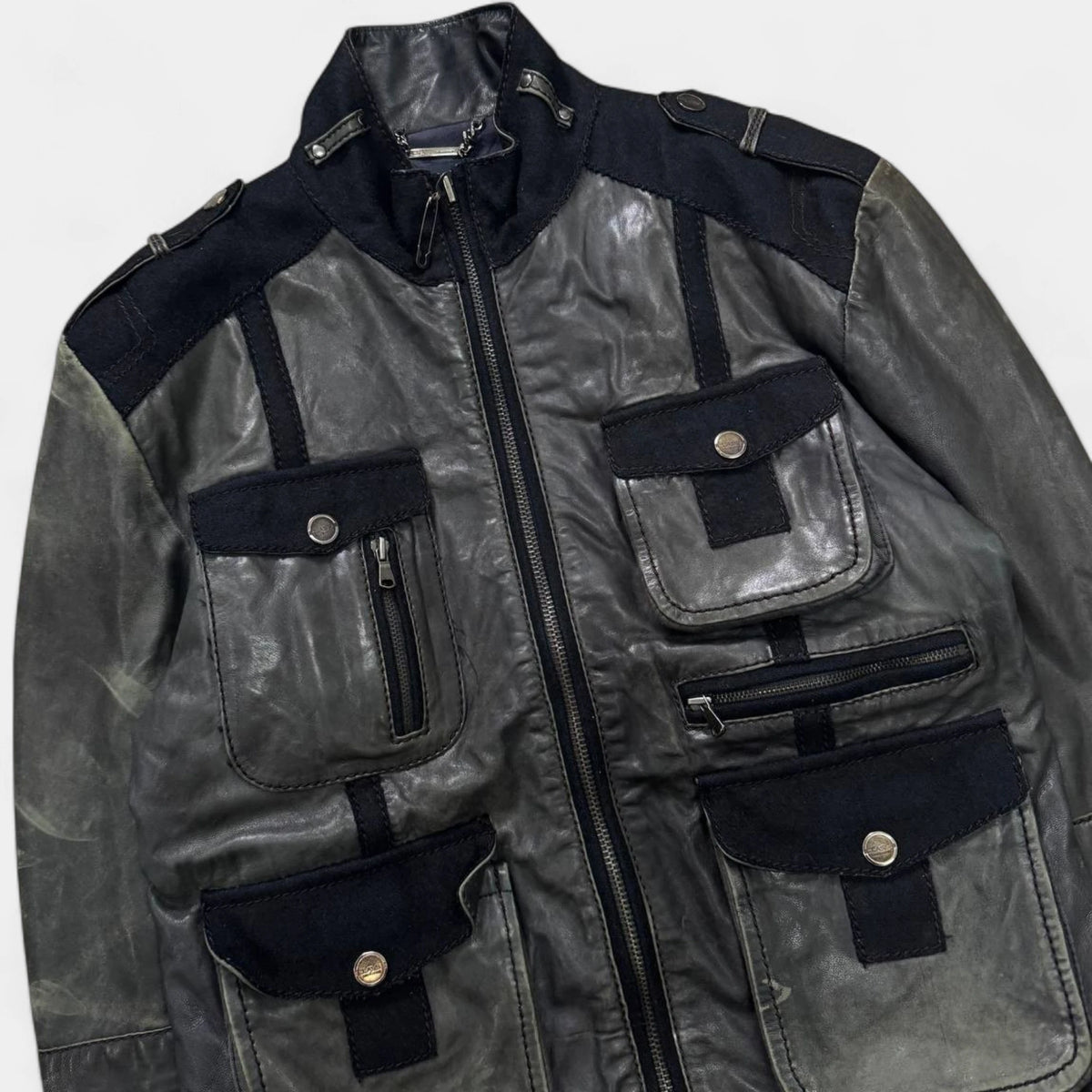 Cavalli 2000s Distressed Leather Multi-Pocket Cargo Jacket