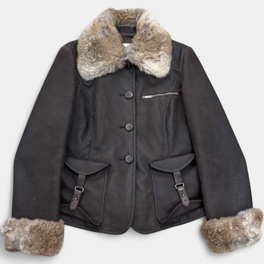 Armani Collezioni Late 1990s Embossed Snake Texture Fur Trim Brown Jacket