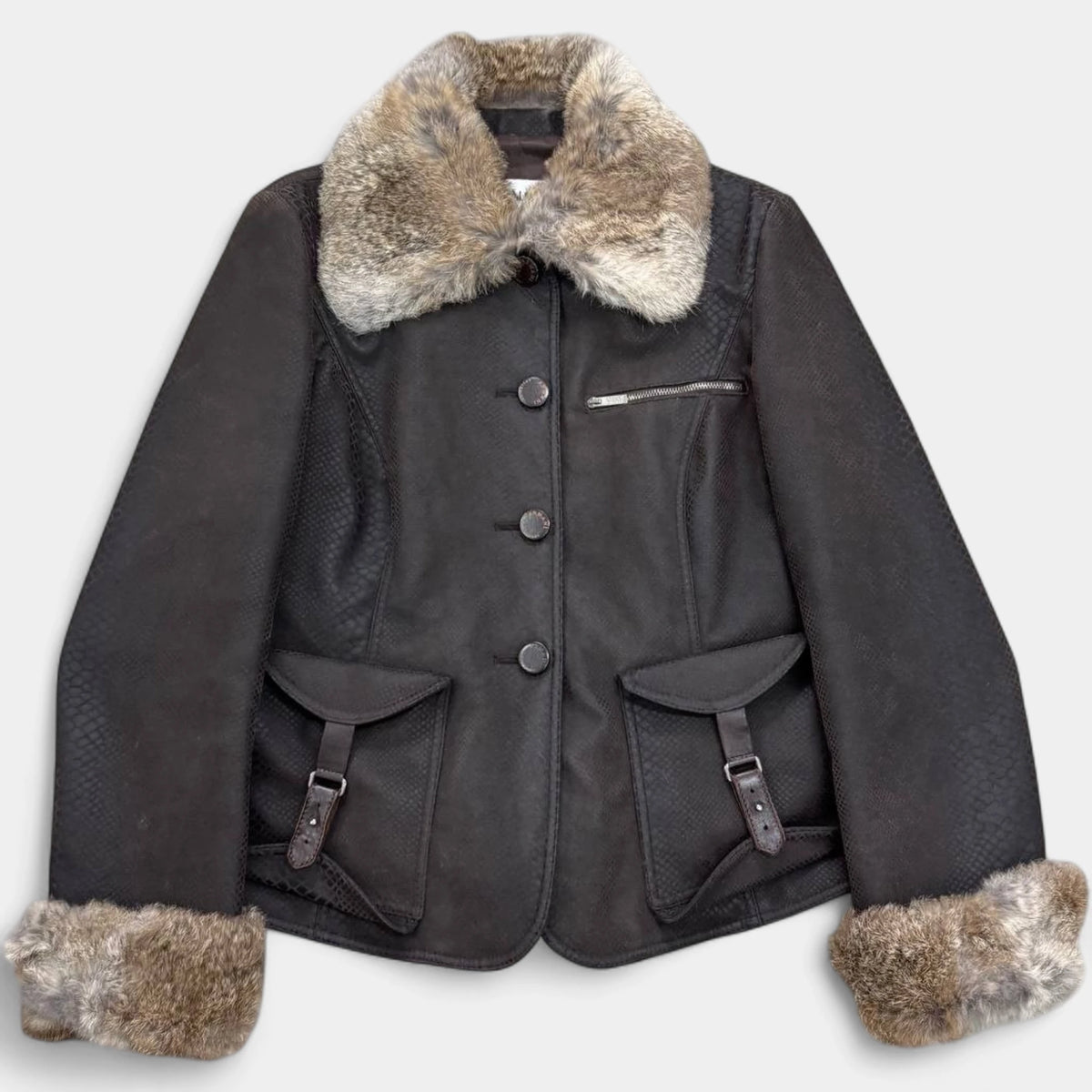 Armani Collezioni Late 1990s Embossed Snake Texture Fur Trim Brown Jacket