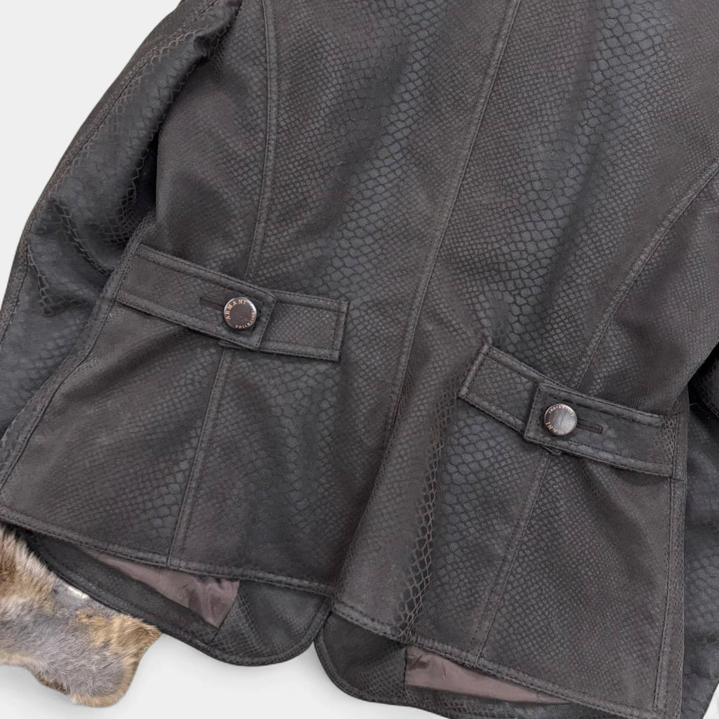 Armani Collezioni Late 1990s Embossed Snake Texture Fur Trim Brown Jacket