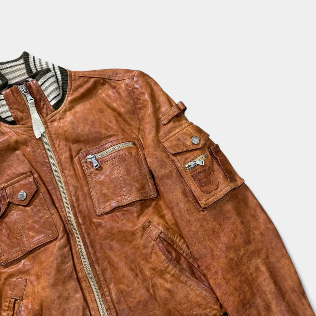 Dolce & Gabbana Early 2000s Distressed Brown Leather Multi-Pocket Bomber Jacket