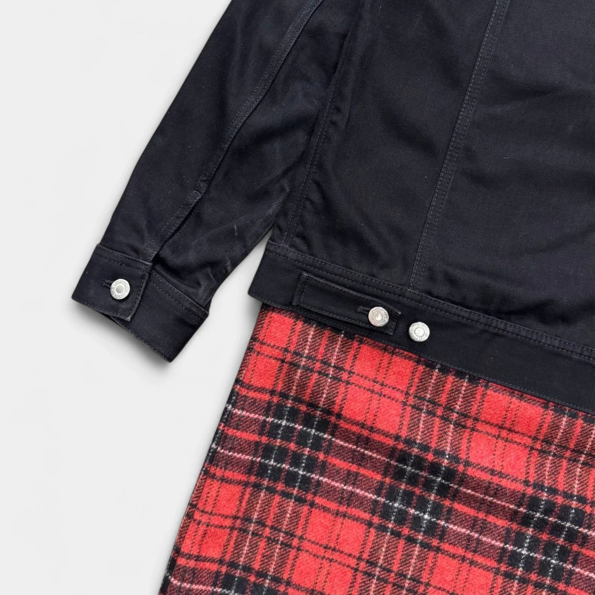Givenchy FW15 Layered Black Denim and Red Tartan Hooded Coat
