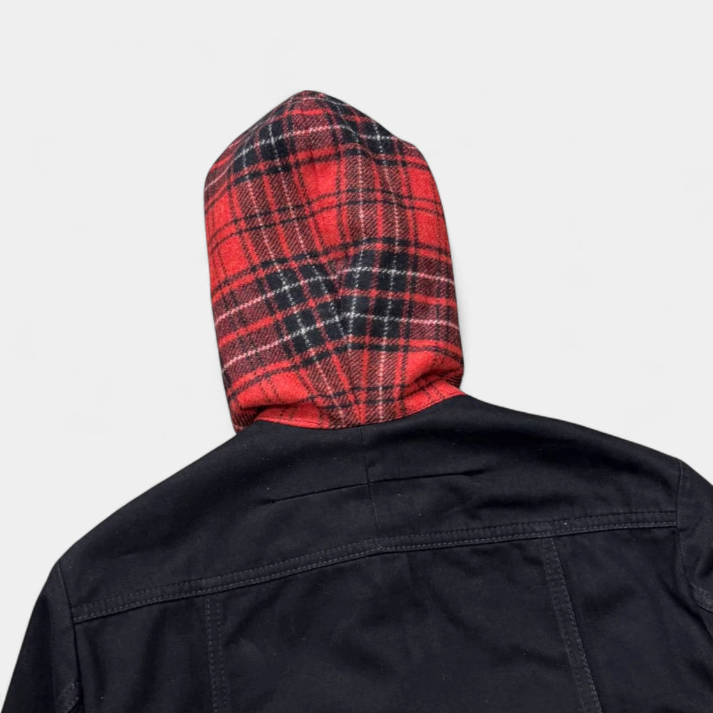 Givenchy FW15 Layered Black Denim and Red Tartan Hooded Coat