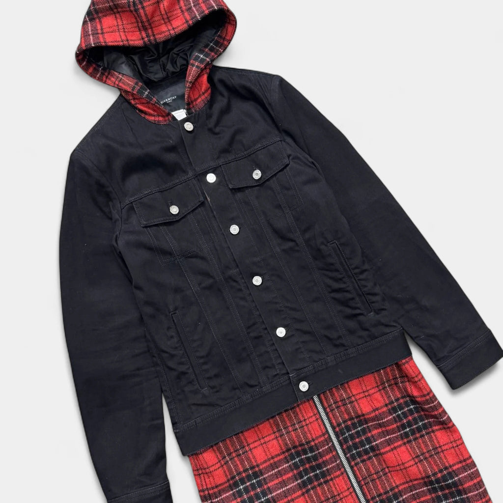 Givenchy FW15 Layered Black Denim and Red Tartan Hooded Coat